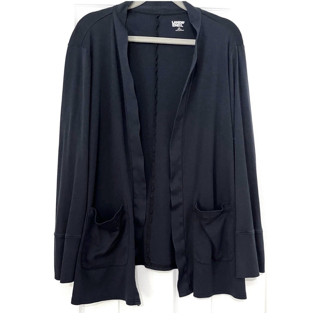Land's End Open Front Cardigan 3X Navy Cotton Modal‎ Gold Button Cuff Pockets
